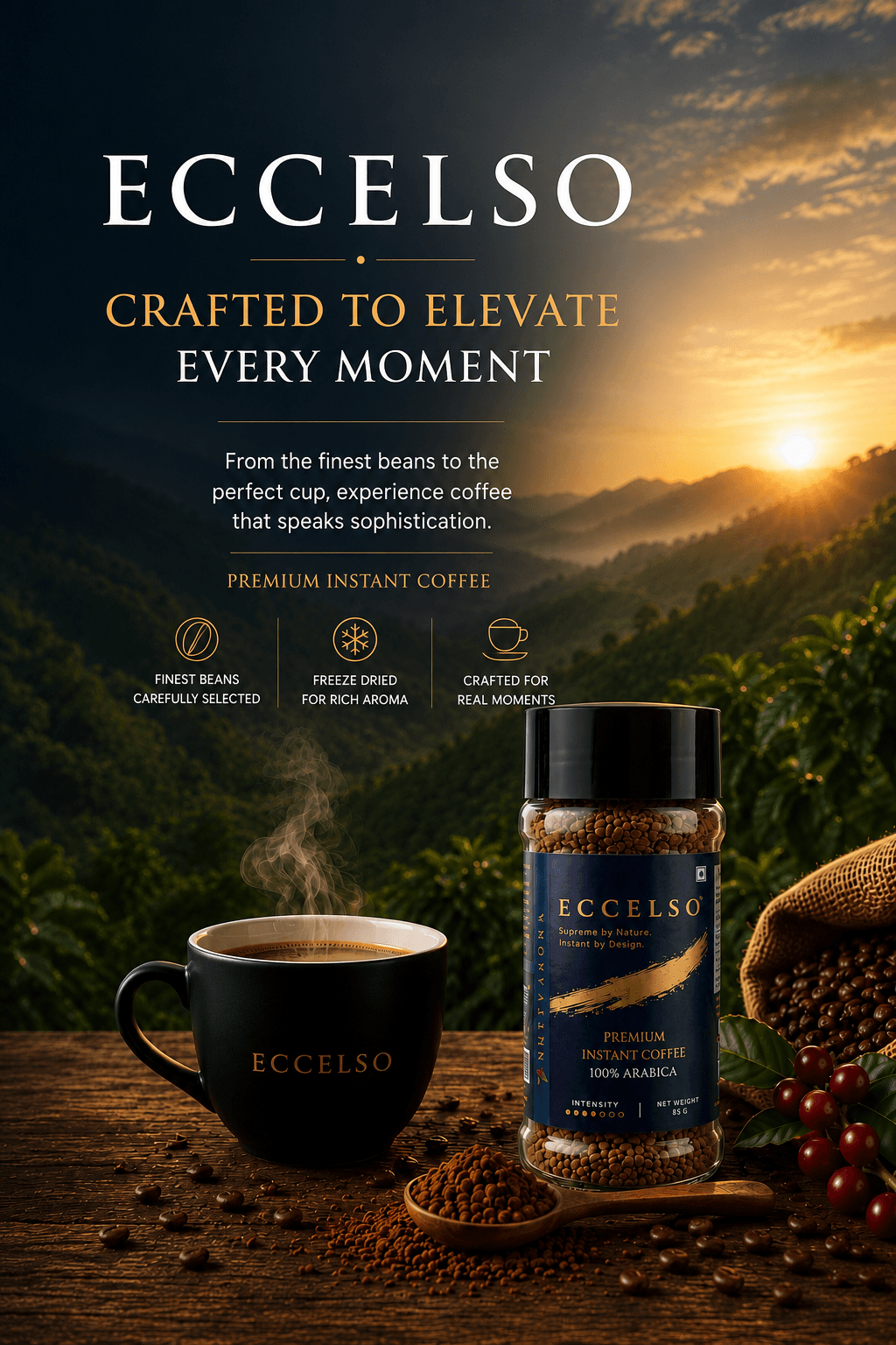 Eccelso Coffee overlooking a mountain coffee estate at sunrise